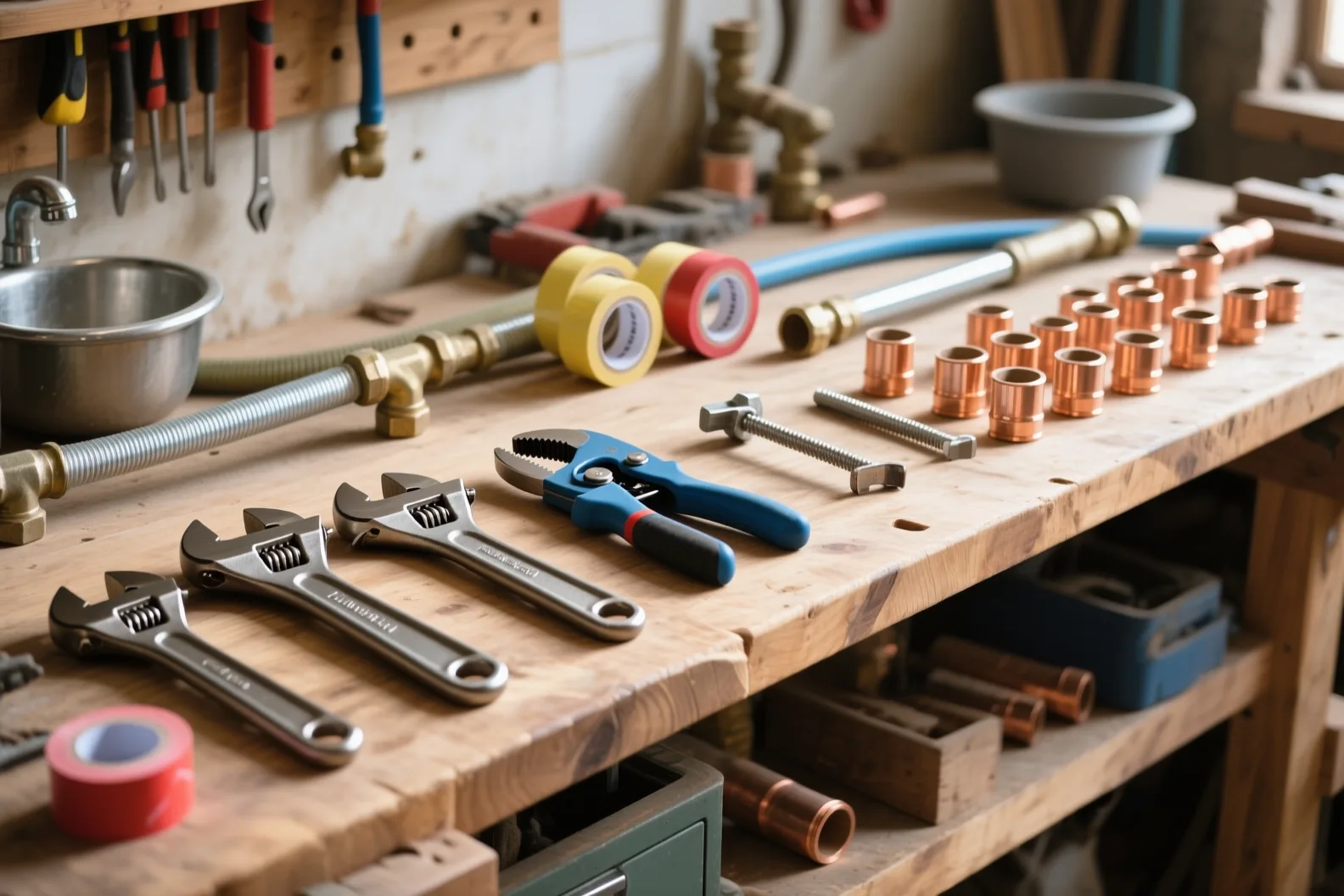 Copper pipe fittings, brass valves, and Teflon tape arranged on a workbench