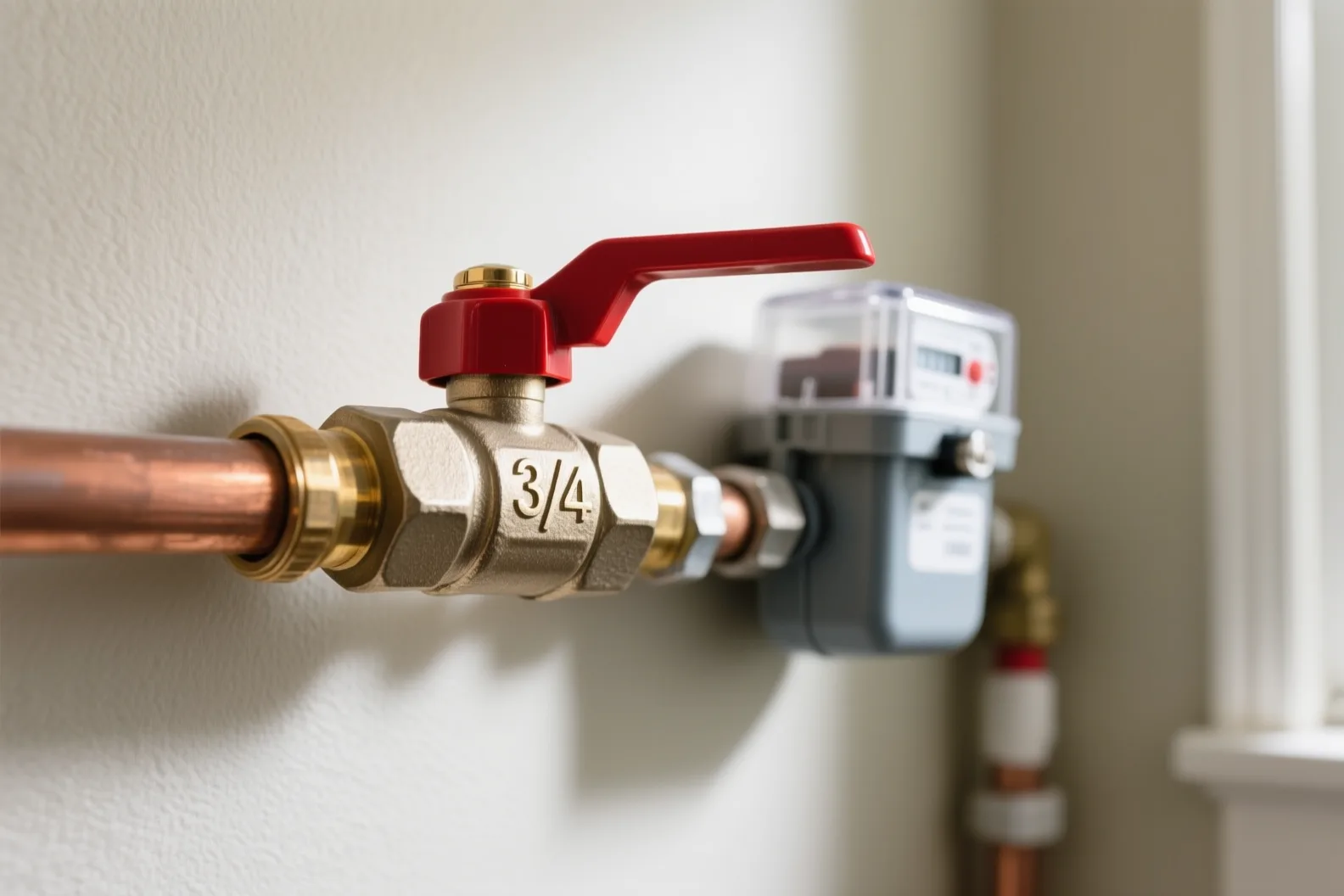 Quarter-turn ball valve with red lever handle on copper pipe in a utility room