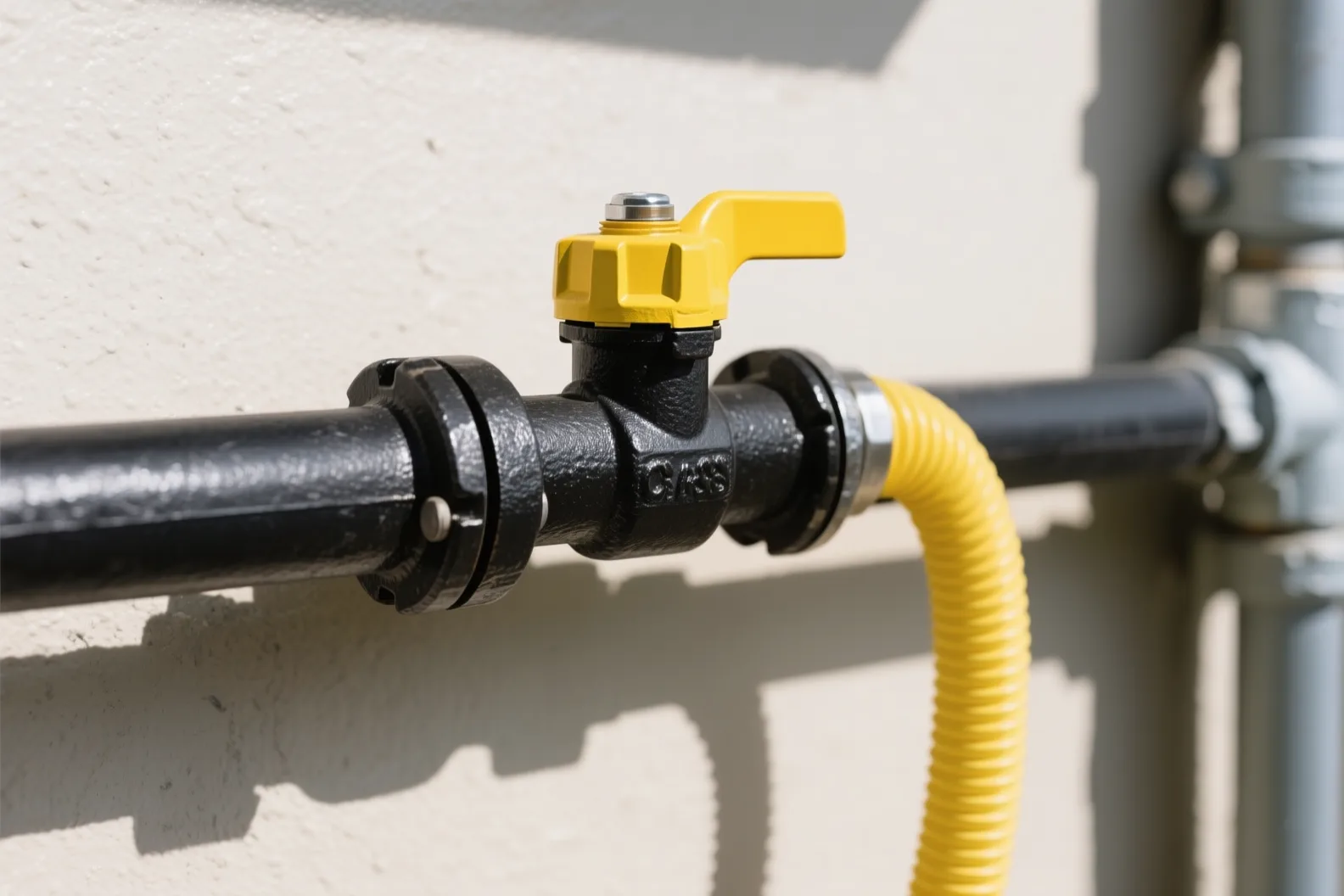 Black iron gas pipe with yellow shutoff valve and CSST connector