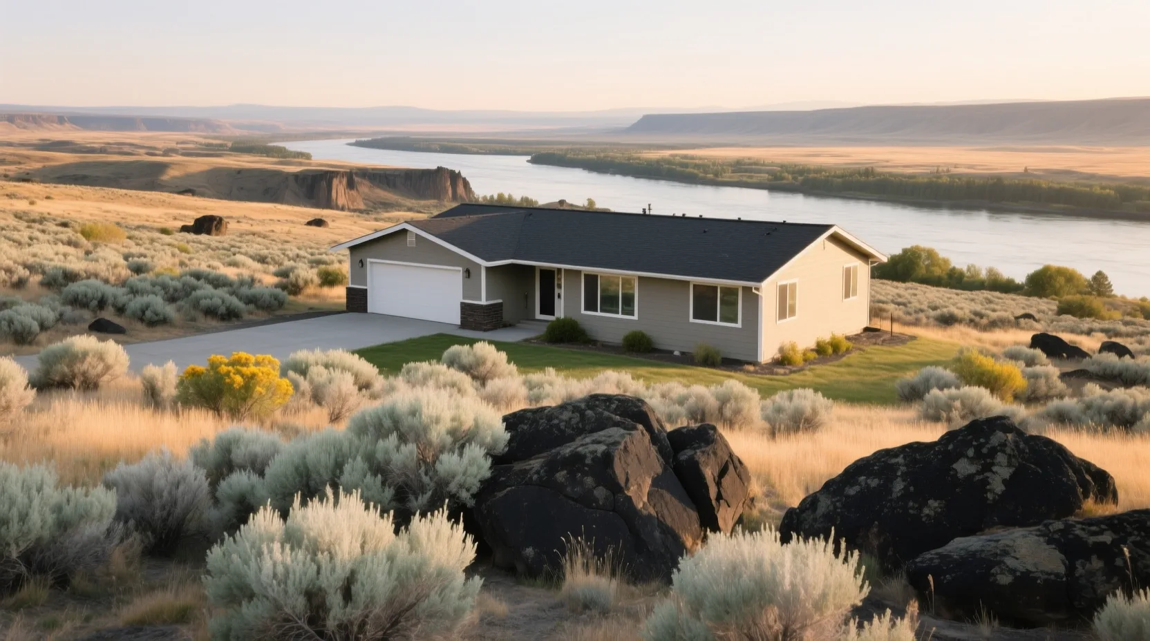 Single-story ranch house in the sagebrush steppe of eastern Washington