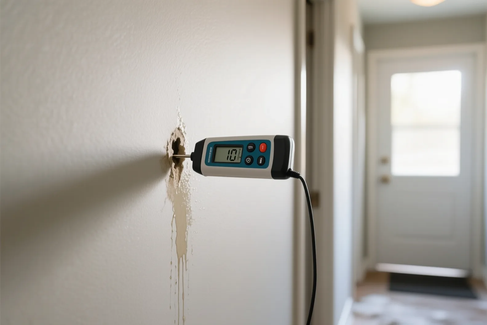 Electronic moisture meter pressed against drywall near a water stain