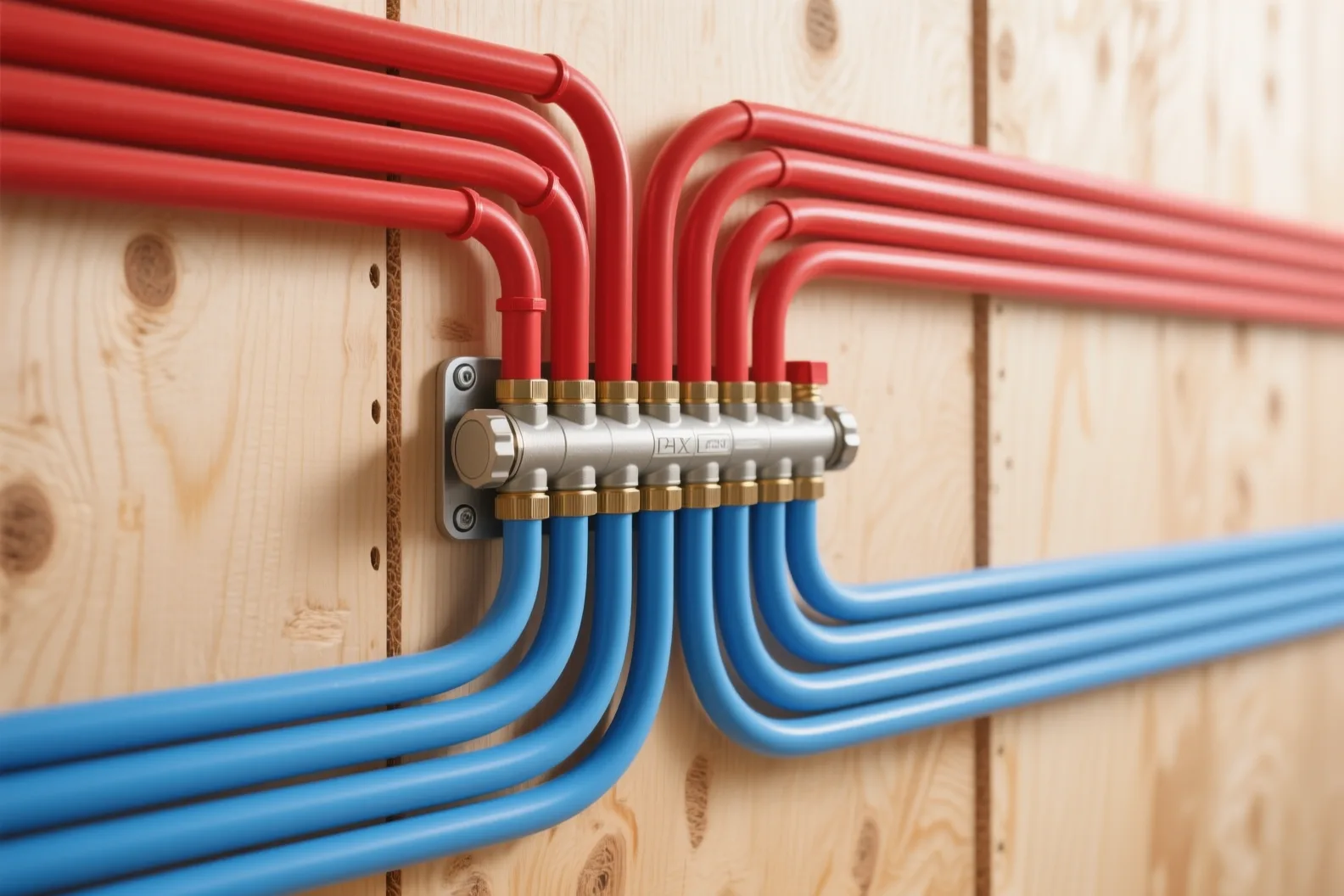 New red and blue PEX water lines in an exposed stud bay during a repipe
