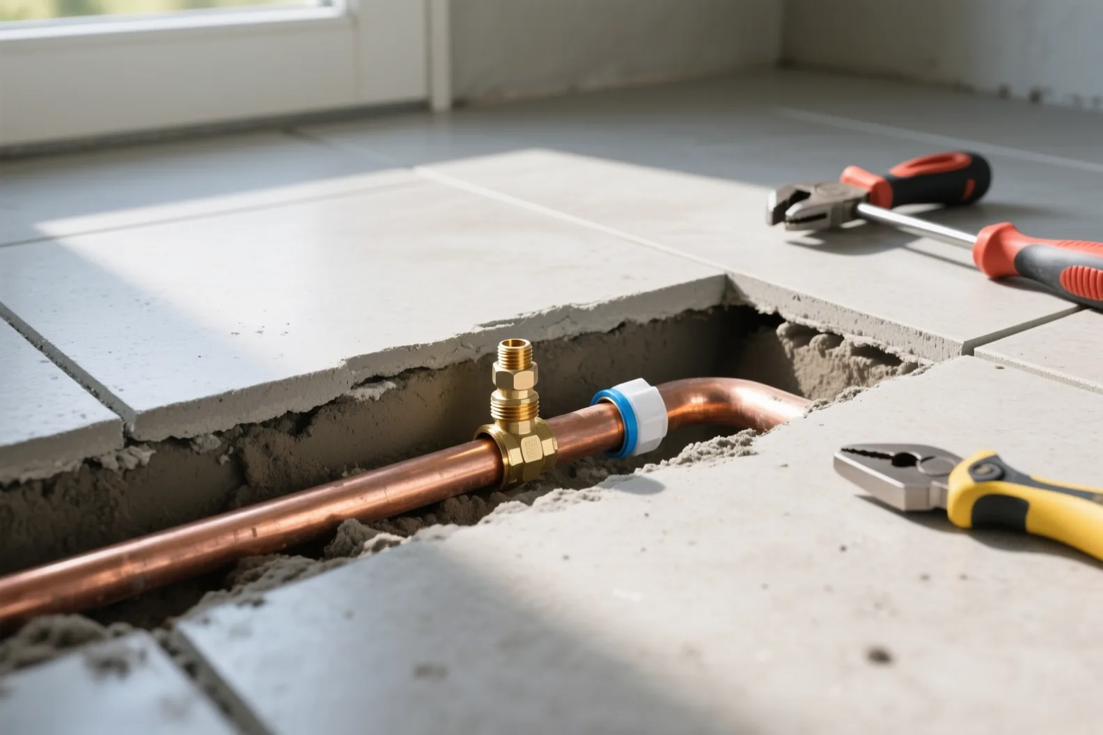 Concrete slab cut open showing a repaired water line with a new PEX fitting